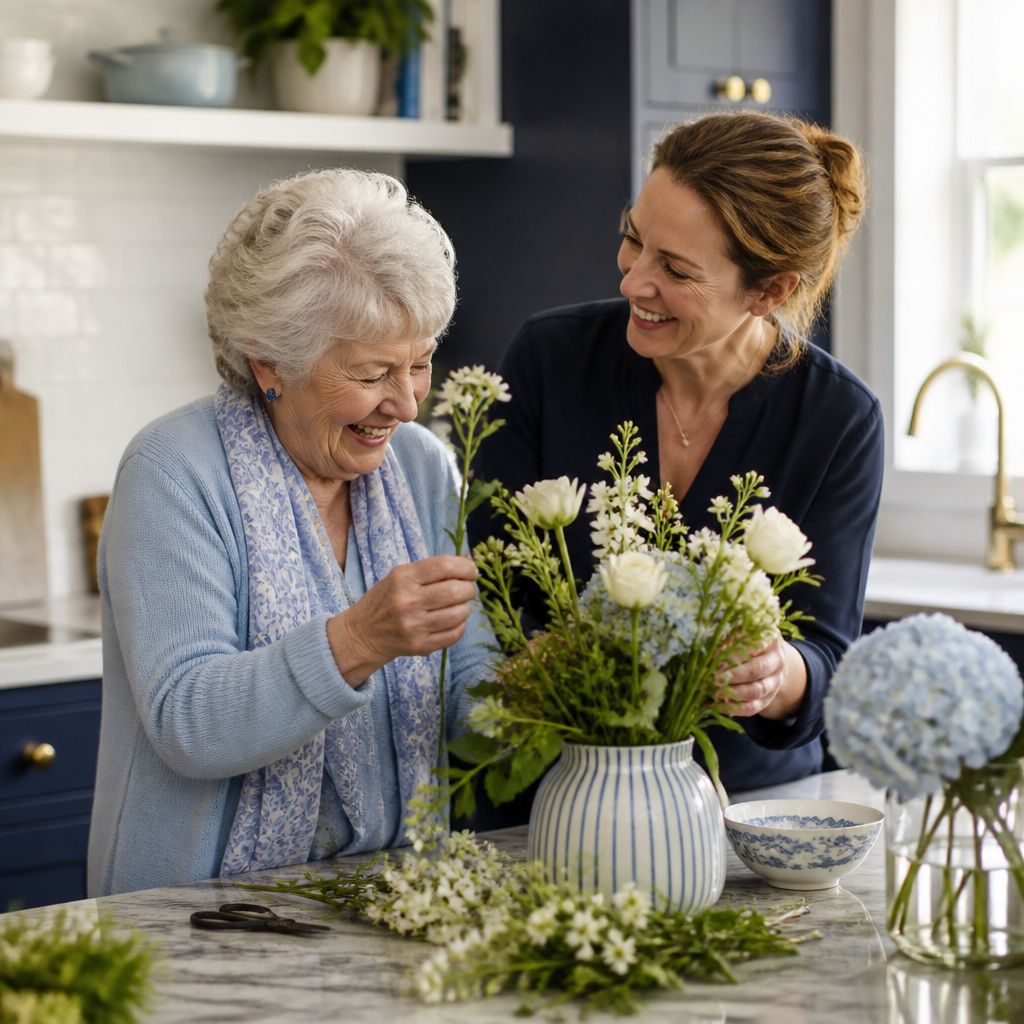 Older adult and caregiver sharing a warm moment